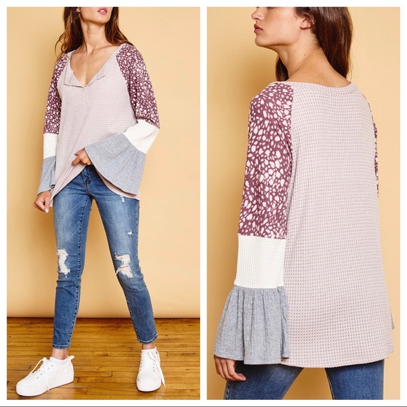 #14 Bell Sleeves Raglan Contrast Color Block Tunic - Picture 3 of 6